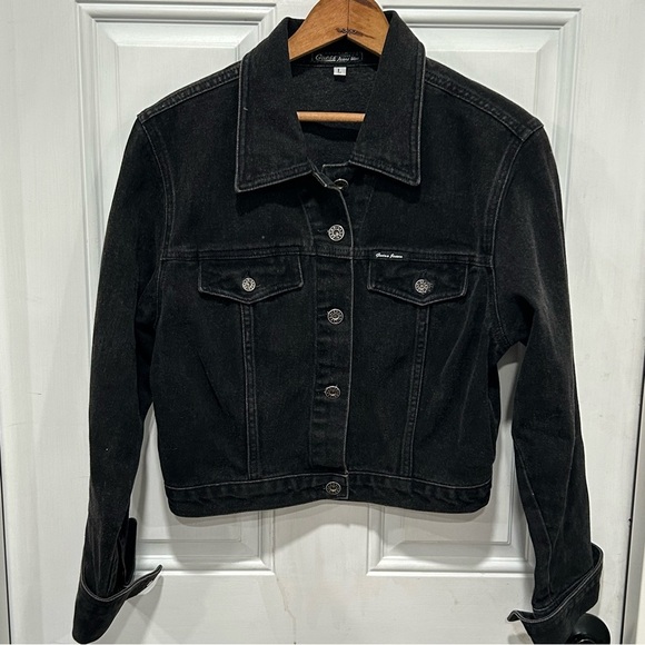 Vintage 90's GUESS Jeans Women's Black Denim Trucker Jacket Cotton Size Large - Picture 2 of 7